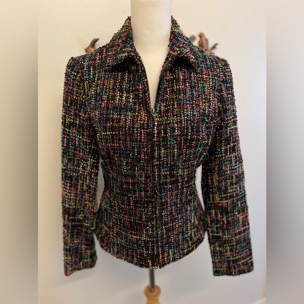 Coldwater Creek Multi Color Boucle Lined Zip Front Jacket Size 4